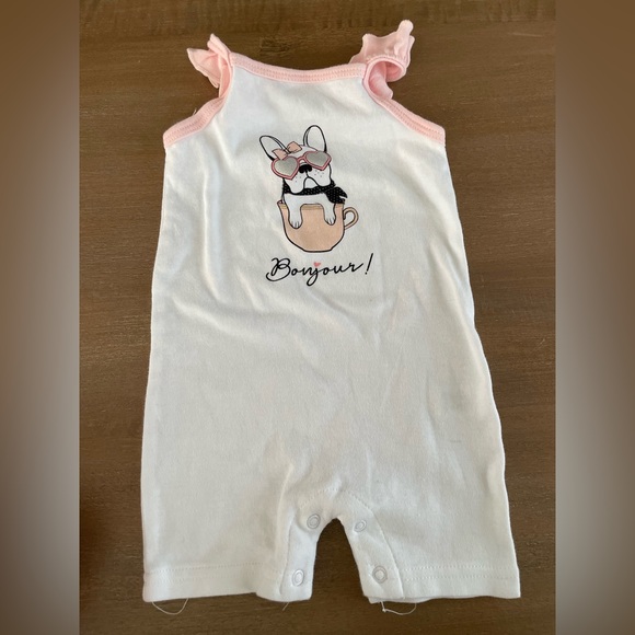 HB Set of 3 Ruffle Sleeve Short Rompers 0-3M-Pink Bonjour, Bulldog Bonjour, Dots - Picture 2 of 8